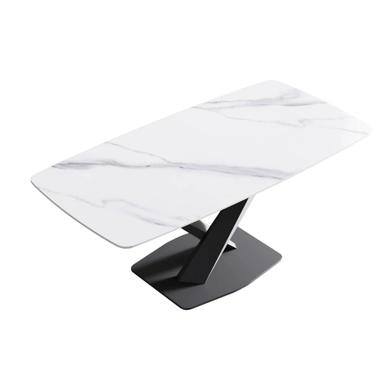 70.87" Modern Artificial Stone White Curved Black Metal Leg Dining Table, Can Accommodate 6-8 People - White / Black by HouseOfZazla
