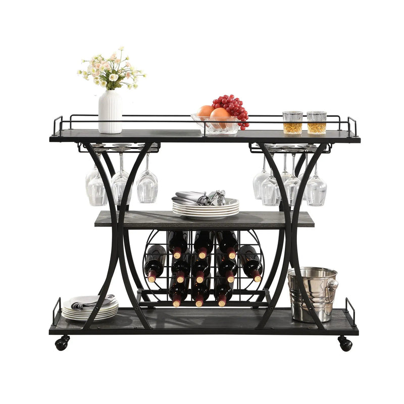 Industrial Bar Cart Kitchen Bar & Serving Cart For Home With Wheels 3 Tier Storage Shelves - Black / Gray by HouseOfZazla