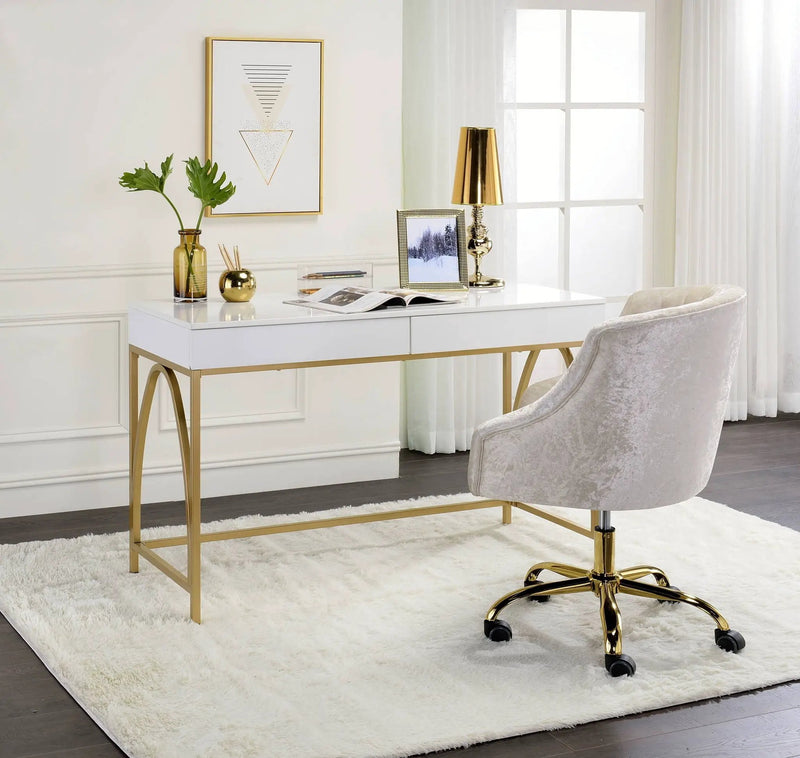 Lightmane - Vanity Desk (Same 92660) - White High Gloss & Gold by Unique Piece Furniture