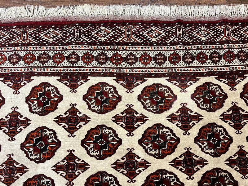 Persian Turkoman Rug 7x8, Almost Square Rare, Hand Knotted, Yamud, Bohemian Rug, Handmade Tribal Rug, Cream Red, Handmade Oriental Carpet by Jewel Rugs