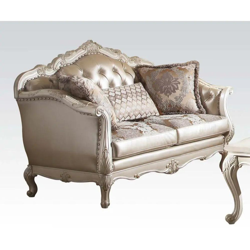 Chantelle - Loveseat With 3 Pillows - Rose Gold Synthetic Leather /Fabric & Pearl White by Unique Piece Furniture