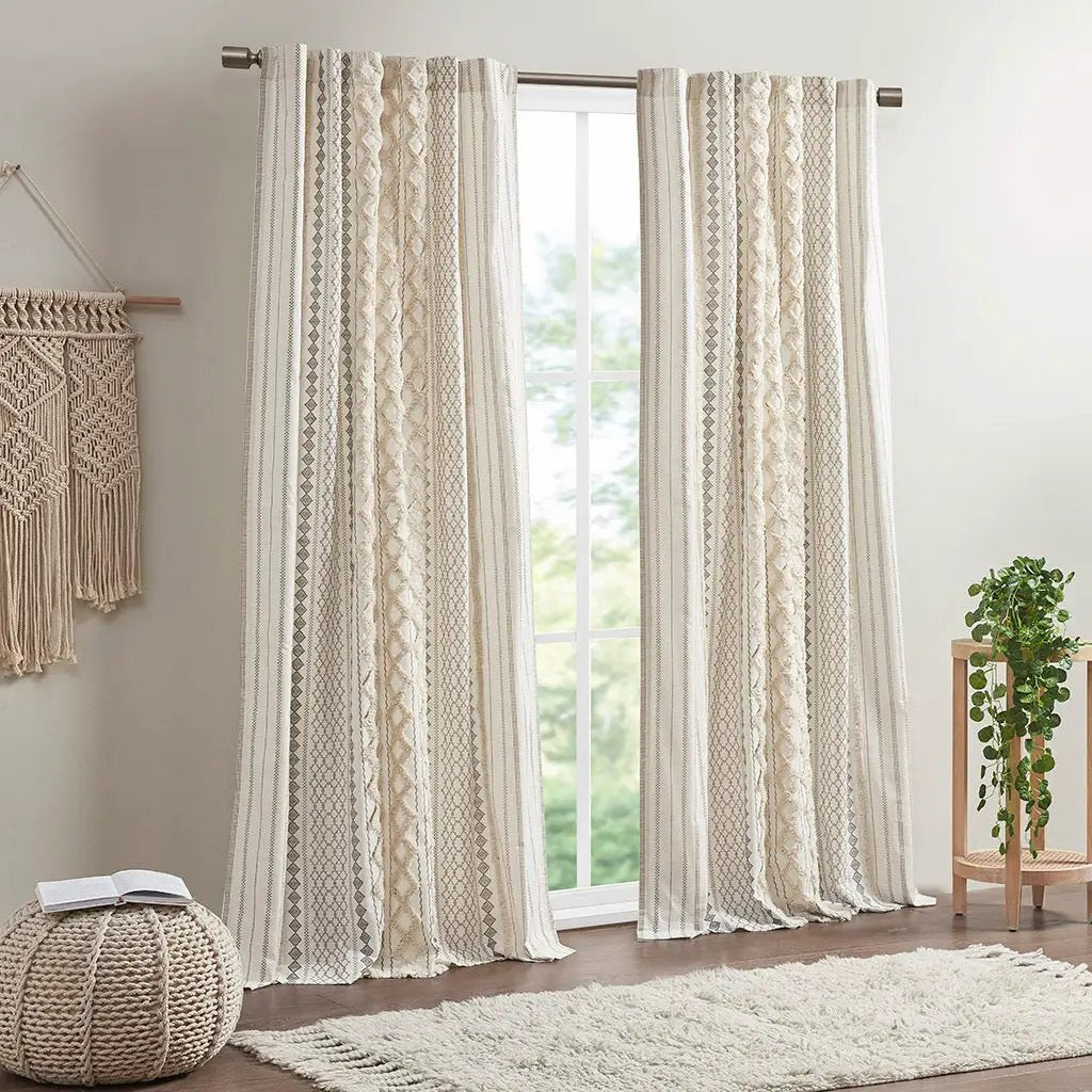 Cotton Printed Curtain Panel with Chenille Stripe and Lining Ivory 50x84 by HouseOfZazla