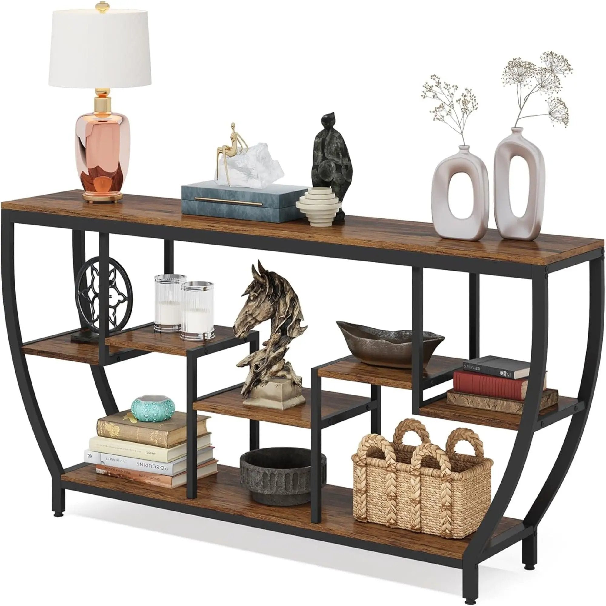 Extra Long Entryway Console Sofa Table With 7 Tier Shelves - Brown / Black by HouseOfZazla
