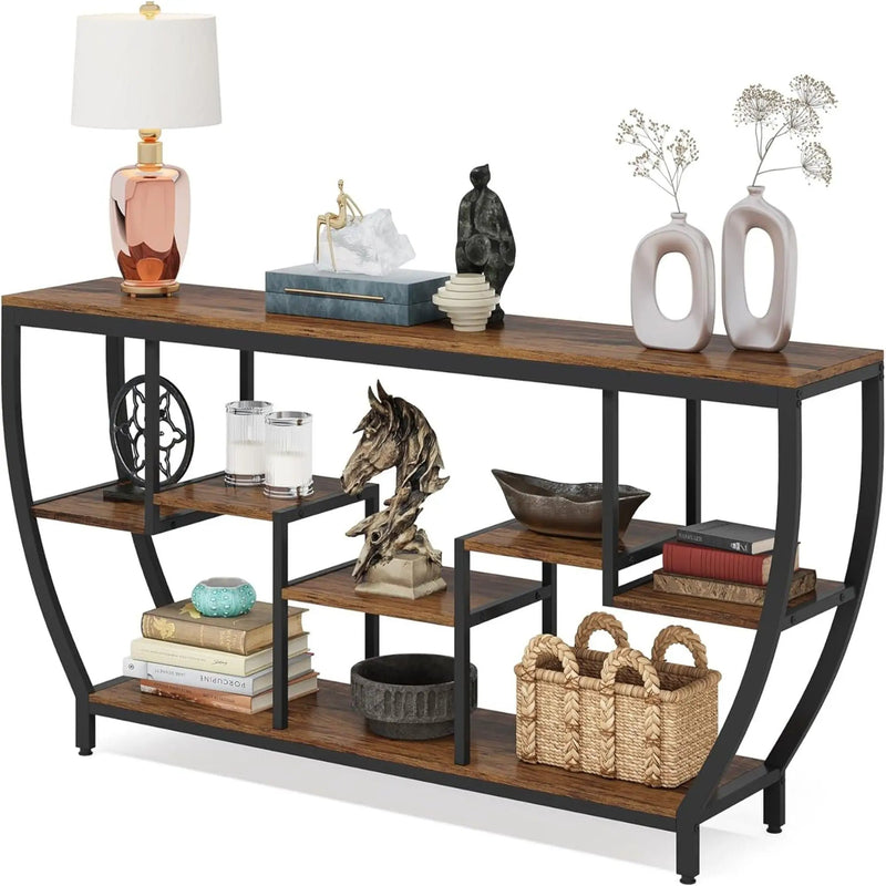 Extra Long Entryway Console Sofa Table With 7 Tier Shelves - Brown / Black by HouseOfZazla