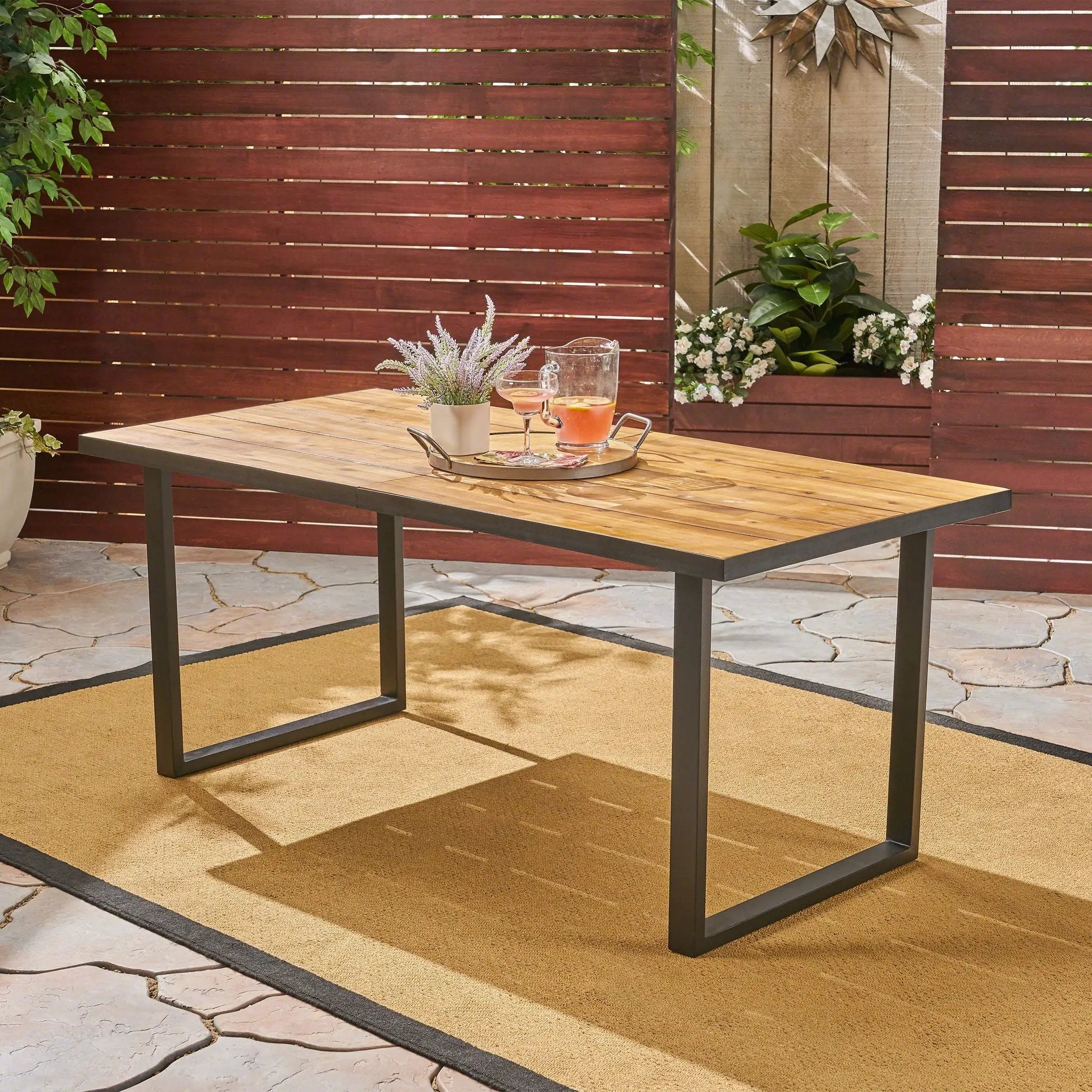 Outdoor Dining Table With U Shape Legs And Slat Top Table - Teak by HouseOfZazla