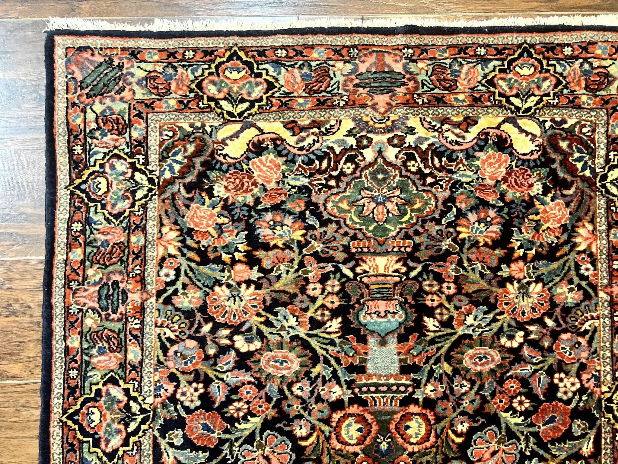 Persian Saoruk Rug 4x5, Navy Blue and Red, Floral, Antique Persian Wool Carpet, Handmade by Jewel Rugs