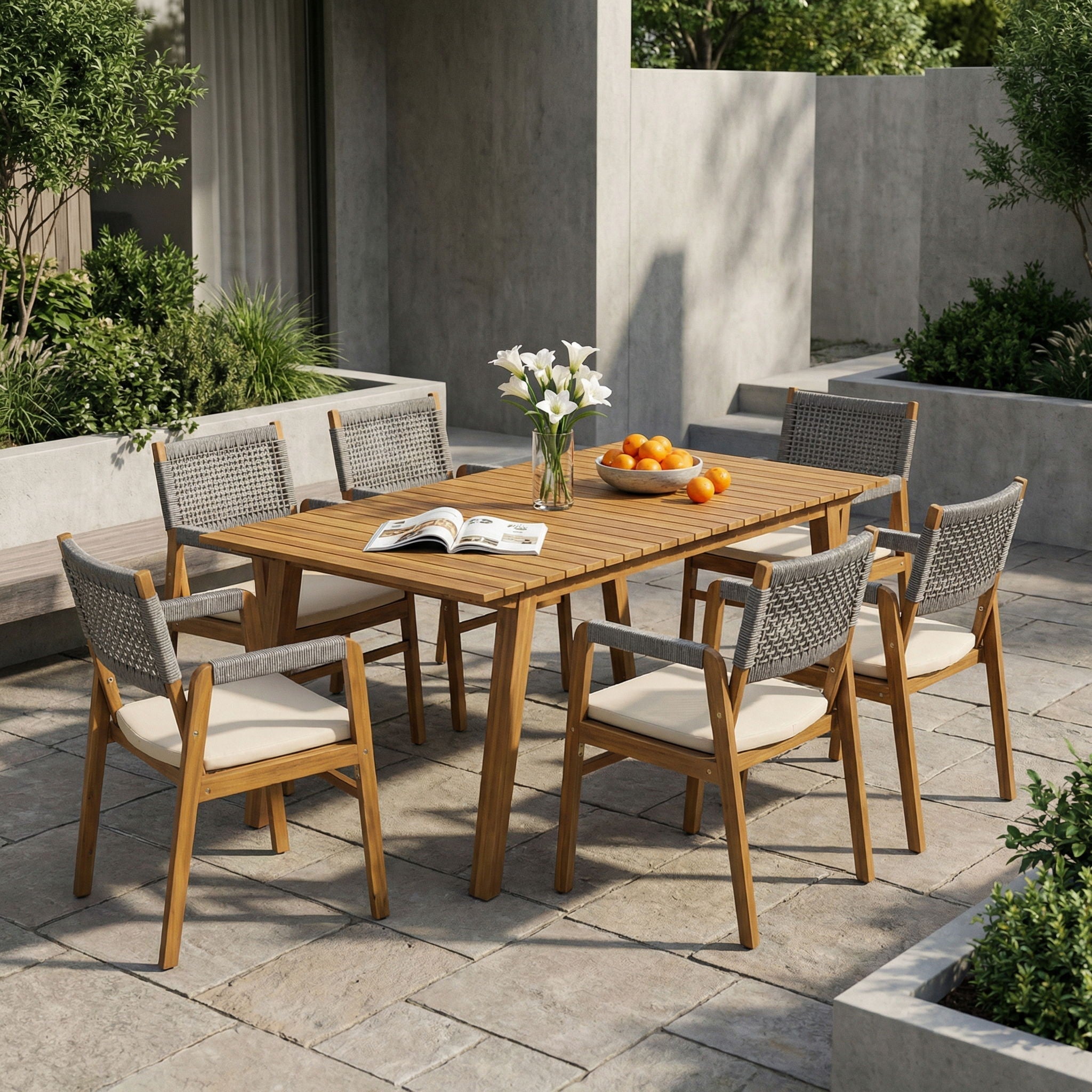 Outdoor 7 Pieces Patio Slat Design Acacia Upholstered Dining Set by HouseOfZazla