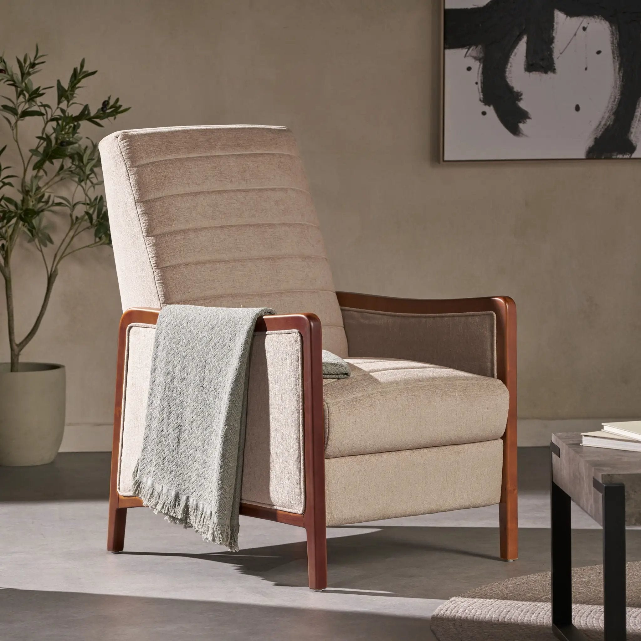Mid Century Modern Fabric Channel Stitch Wood Pushback Recliner by Unique Piece Furniture