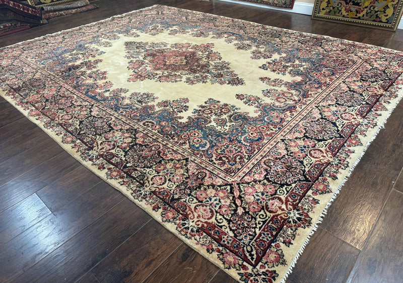 Persian Sarouk Rug 9x12, Ivory & Blue, Semi Open Field by Jewel Rugs