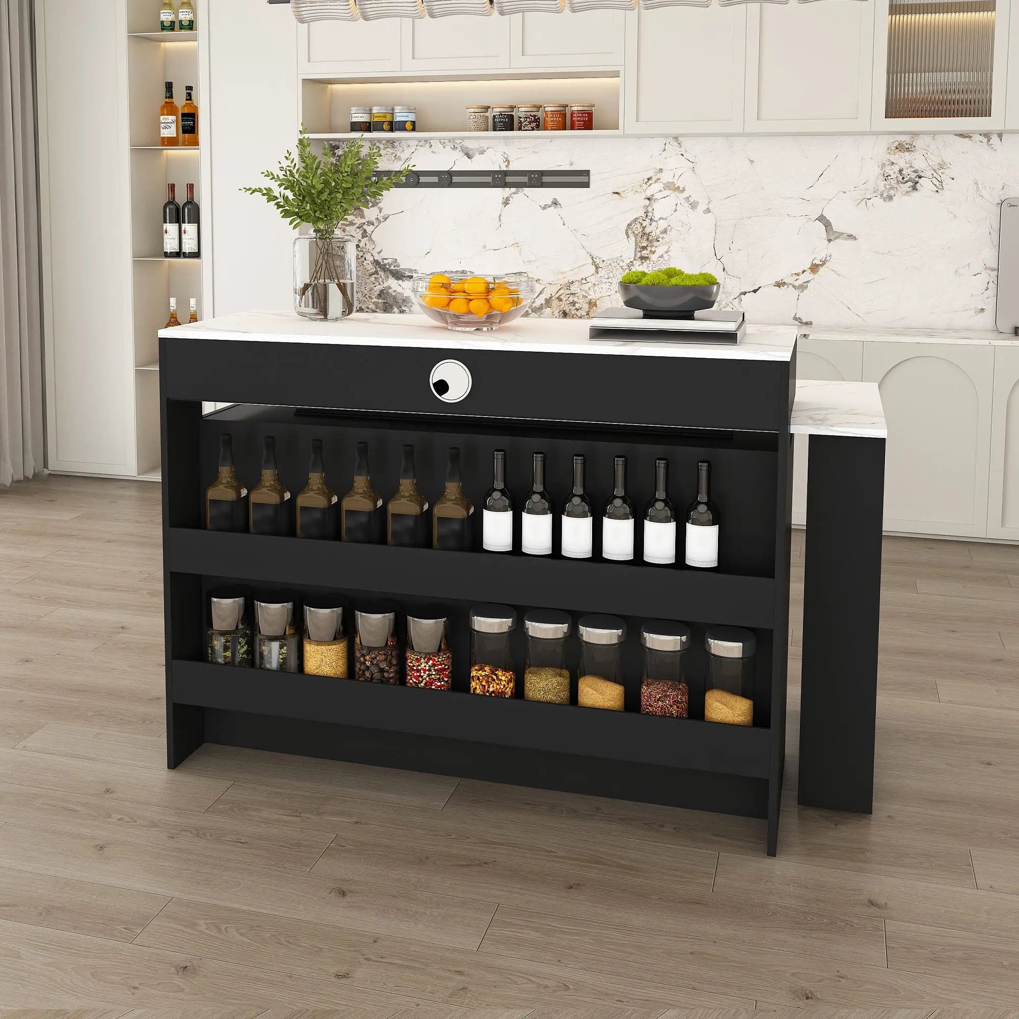 Kitchen Island With Extendable Rotating Table, 4 Drawers & Glass Door Cabinets, Built In Socket - Black