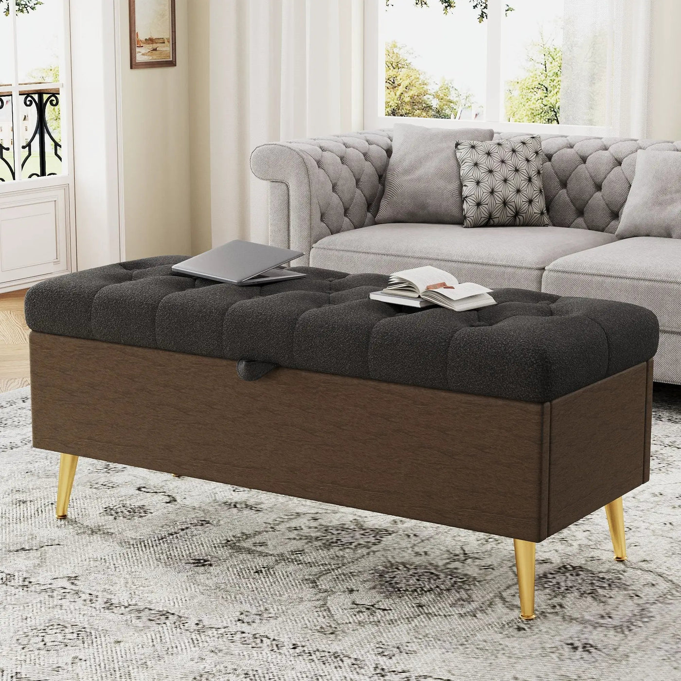 Modern Tufted Storage Ottoman Bench with Metal Legs by HouseOfZazla