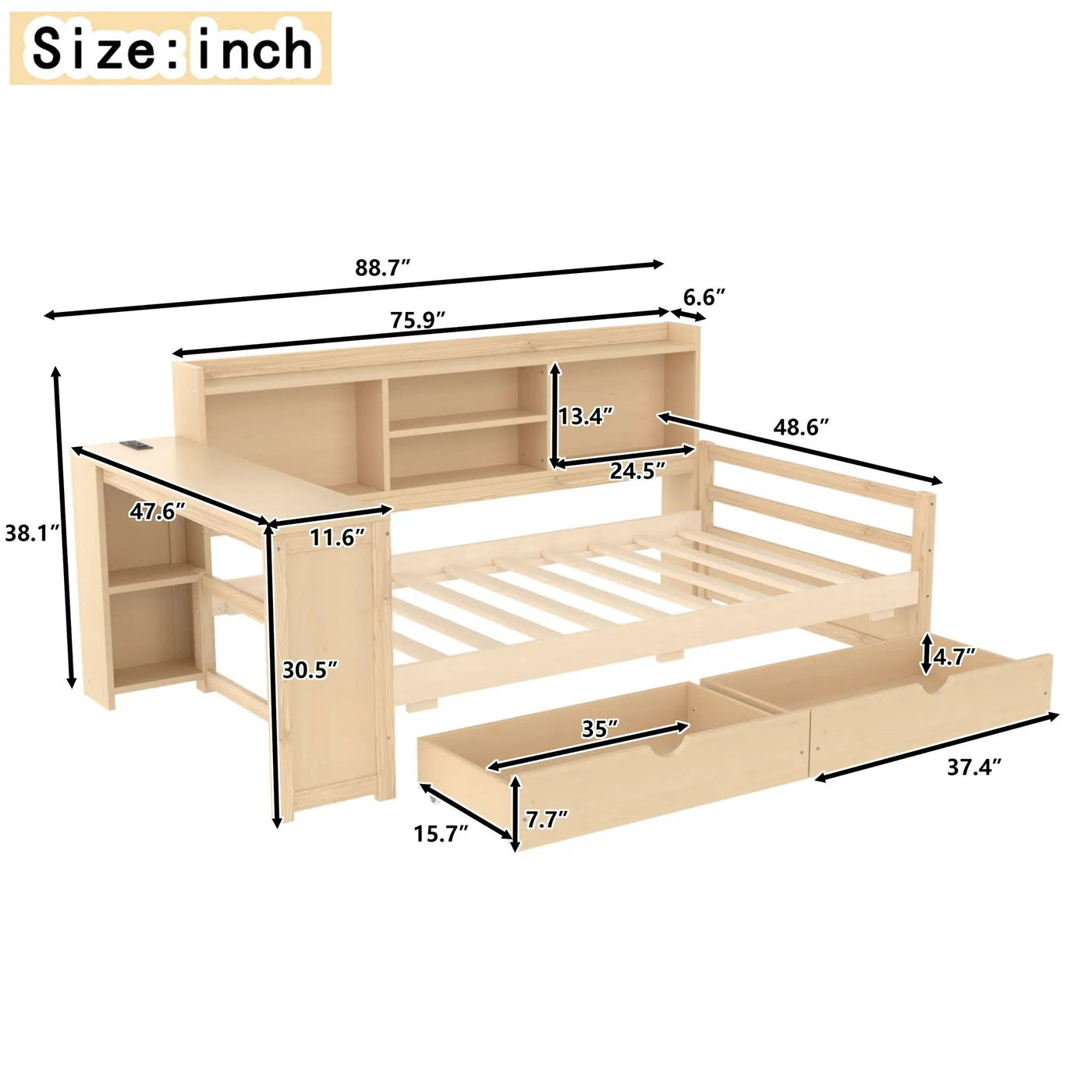 Corner Daybed With Storage Drawers, Desk, Charging Port & Bookcase by HouseOfZazla