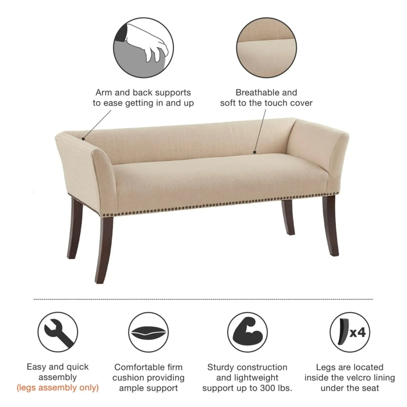 Elegant Design Bench Upholstery, Solid Wood Frame by Unique Piece Furniture