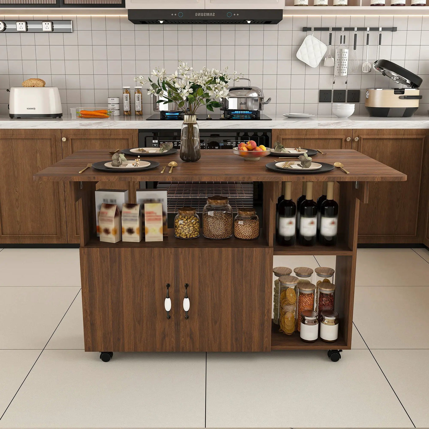 Multi Functional Folding Table With Storage Shelves And Wheels by Unique Piece Furniture