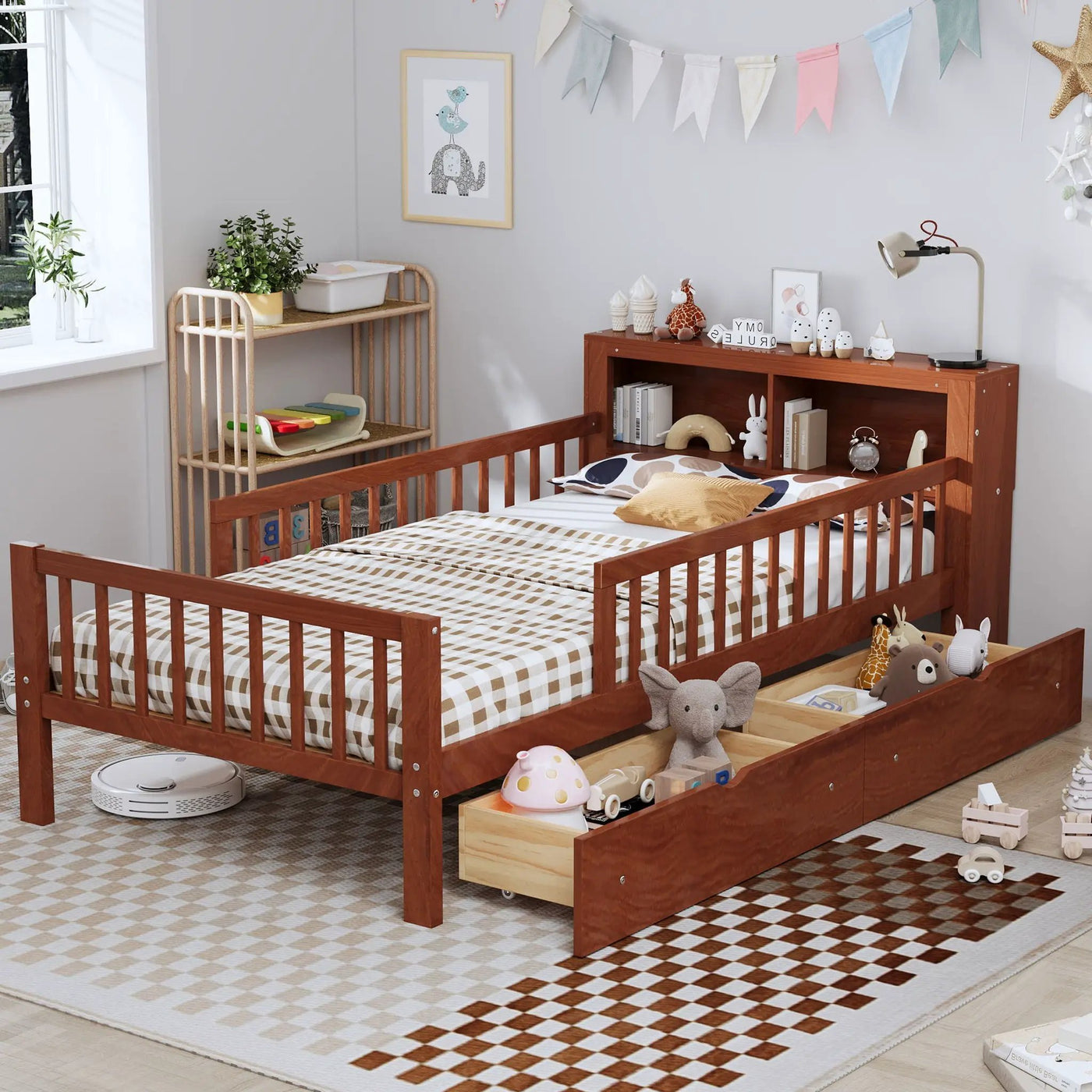 Bed With Headboard Storage Rack, 2 Under Bed Drawers, 3 Side Guardrails For Safety by HouseOfZazla