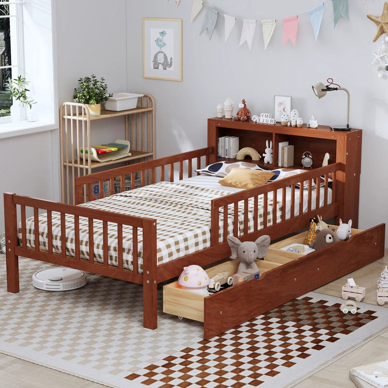 Bed With Headboard Storage Rack, 2 Under Bed Drawers, 3 Side Guardrails For Safety by HouseOfZazla
