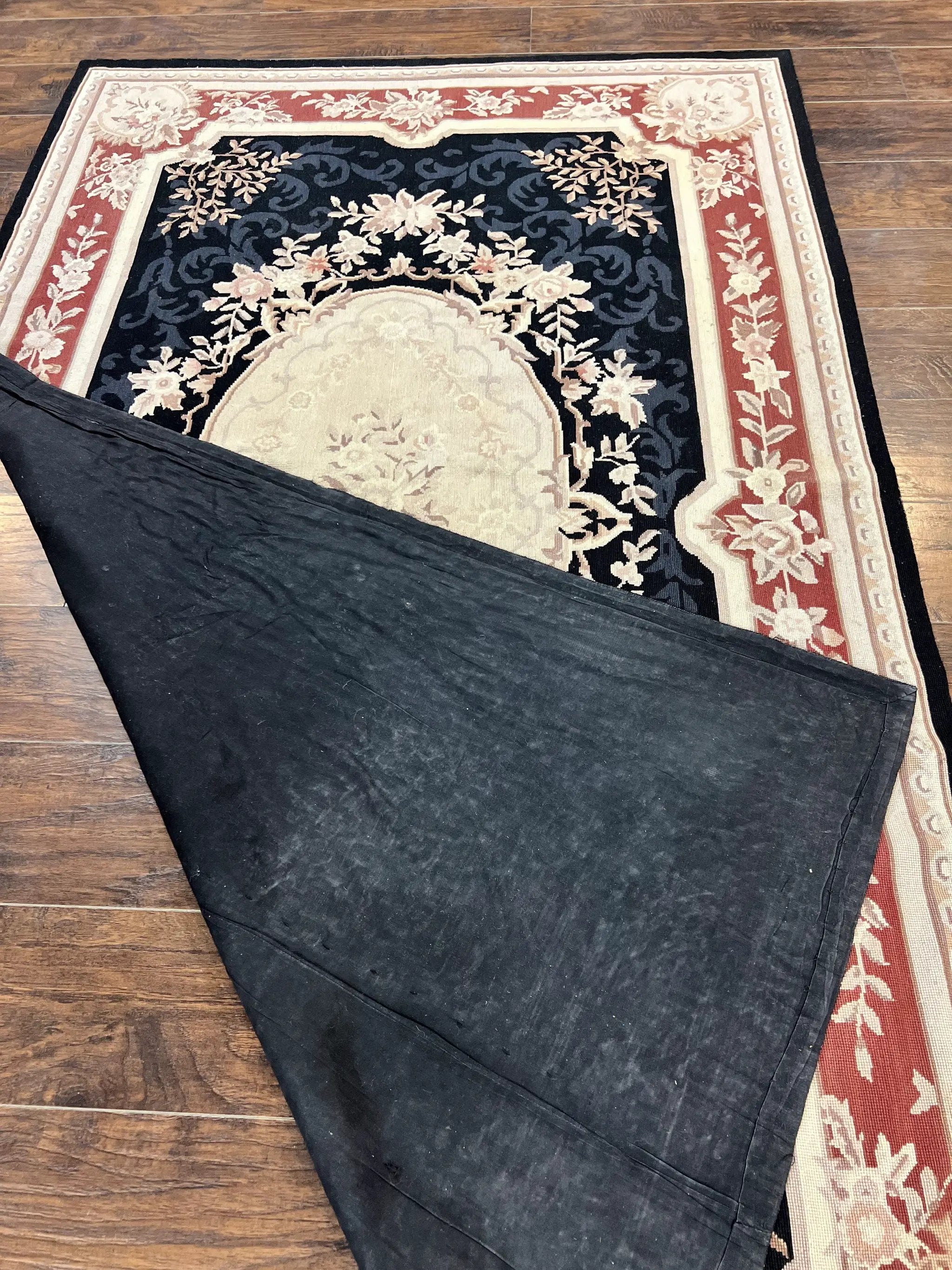 Needlepoint Rug 5x8, Wool Handmade Vintage European Design Carpet, Black & Maroon, French Aubusson Pattern Flatweave Rug by Jewel Rugs