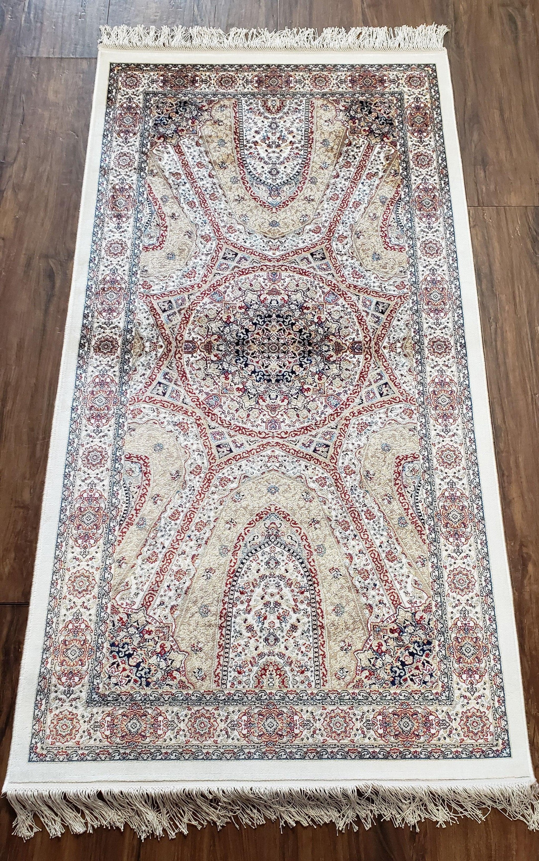 Beige & Cream Small Turkish Silk Rug, Bamboo Silk, Power-Loomed, Persian Design, High Quality, Soft Accent Rug, 3x5 ft, 2' 8" x 4' 11" by Jewel Rugs
