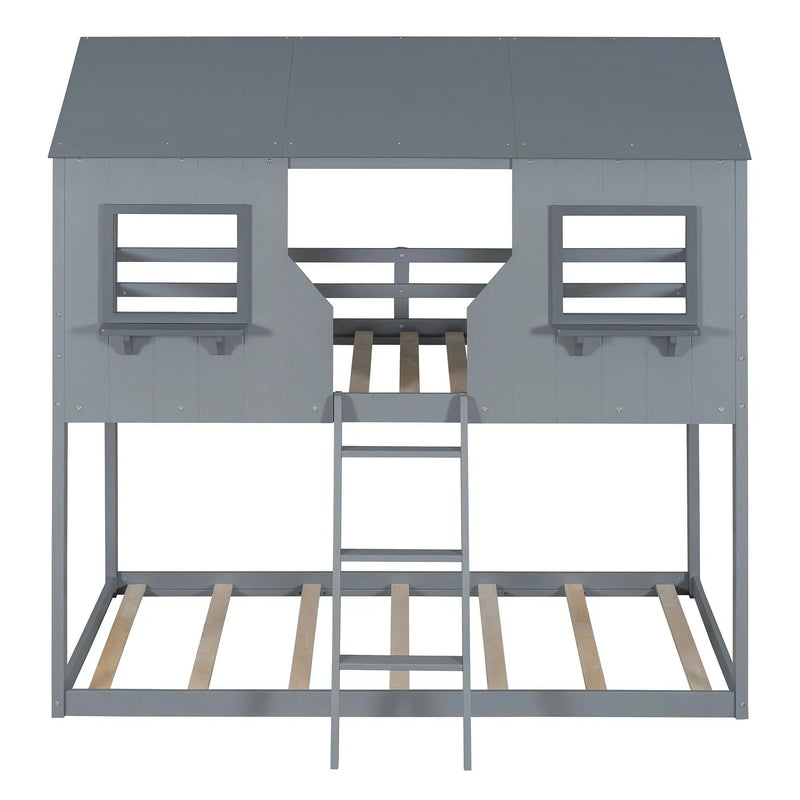 Twin Over Twin Bunk Bed With Roof, Window, Guardrail, Ladder by HouseOfZazla