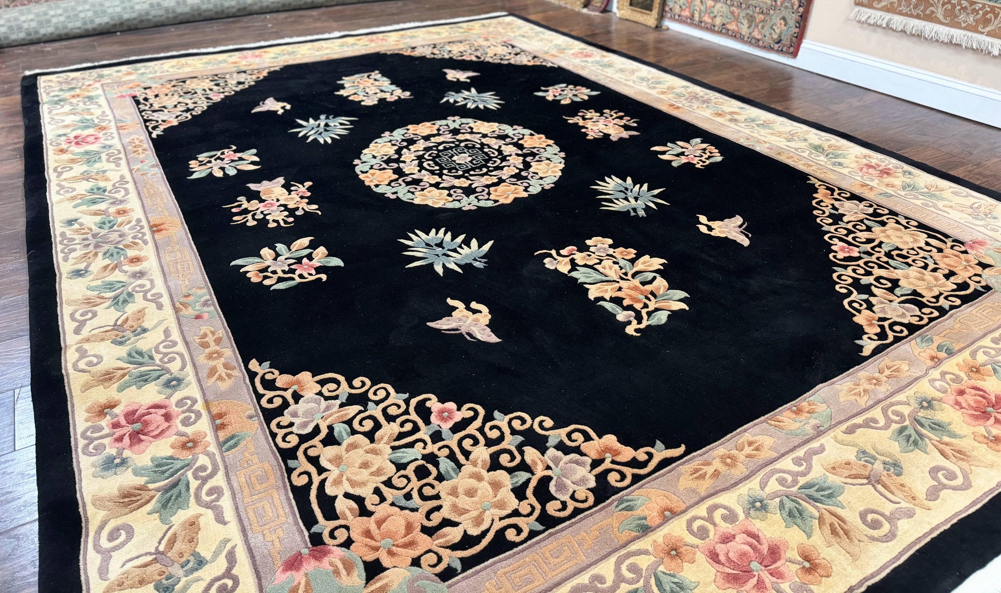 Chinese Wool Rug 9x12, Chinese Carving Carpet, Floral Medallion, Black and Beige, Butterflies, Vintage Asian Oriental Rug, 90 Line Rug by Jewel Rugs