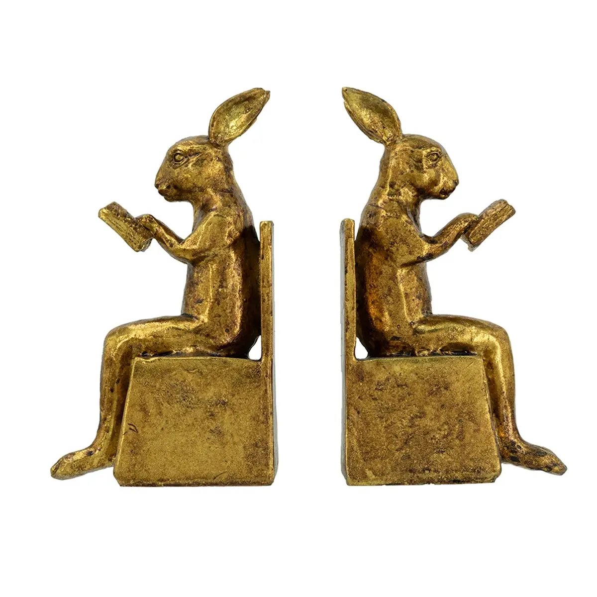 3.9x2.8x6.9' Sitting Rabbit Bookends With Antique Gold Finish by HouseOfZazla