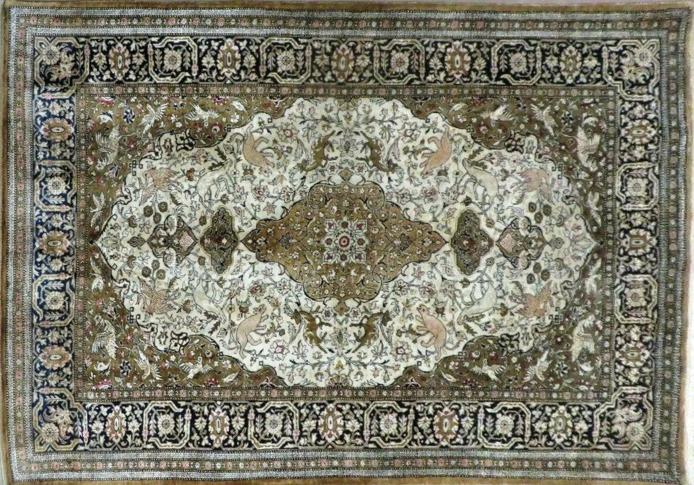 Handmade Silk Rug 3x5, Vintage Antique Silk Carpet, Hand-Knotted Oriental Rug 3 x 5, Animal Motifs, Deer Birds, One-Of-A-Kind by Jewel Rugs