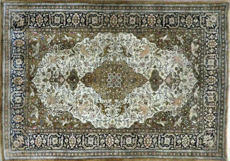Handmade Silk Rug 3x5, Vintage Antique Silk Carpet, Hand-Knotted Oriental Rug 3 x 5, Animal Motifs, Deer Birds, One-Of-A-Kind by Jewel Rugs
