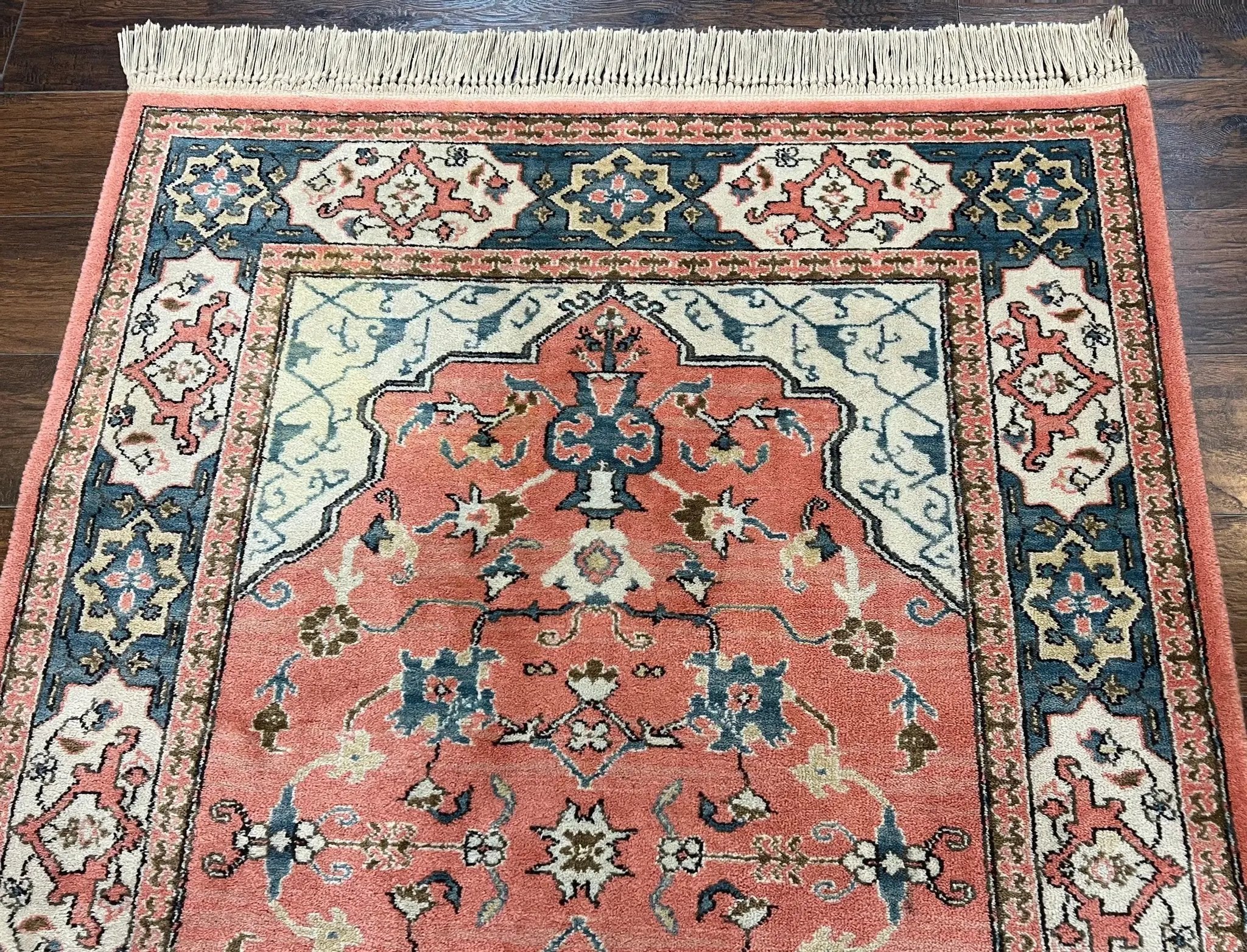 Karastan Rug 4x6 Bergama Design #737, Karastan Area Rug, Vintage Wool Karastan Carpet, Original Collection 700 Series, Salmon Red Light Blue by Jewel Rugs
