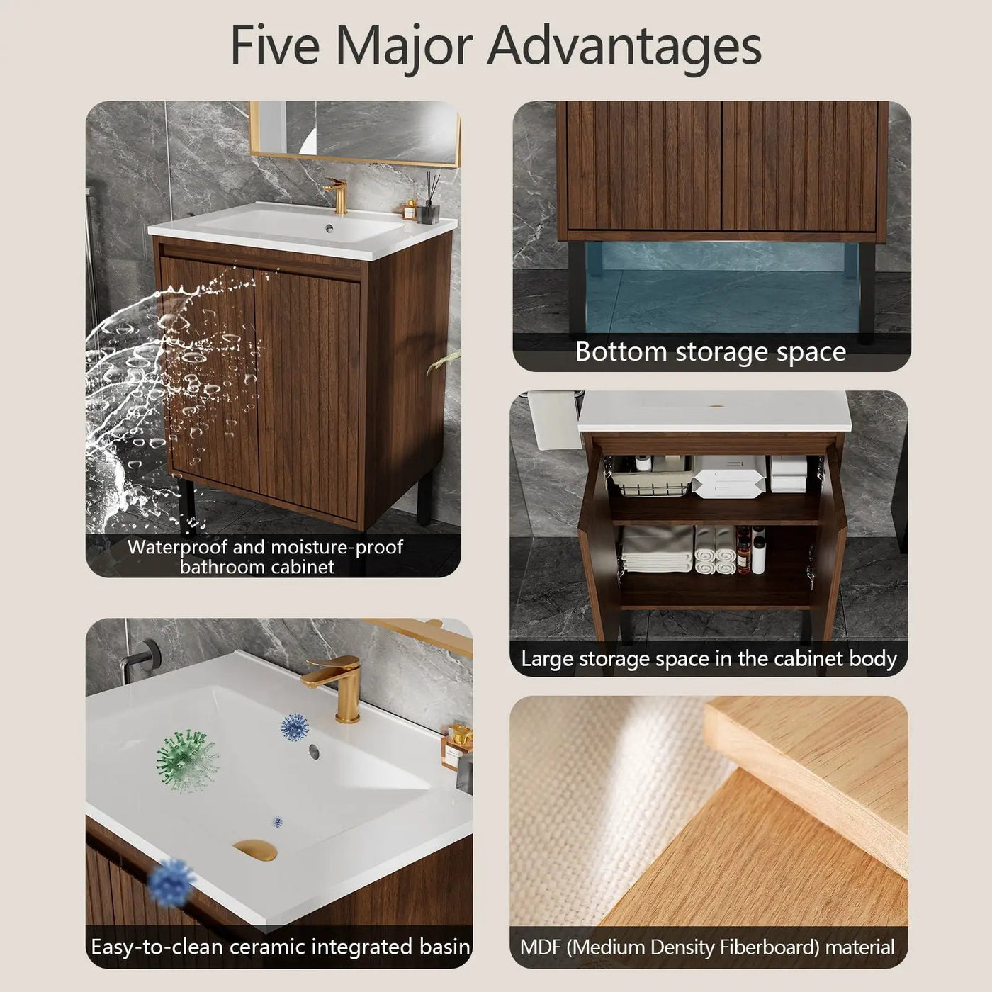 Bathroom Vanity With Ceramic Sink, Floor-Standing Design, Soft-Closing Drawers by HouseOfZazla
