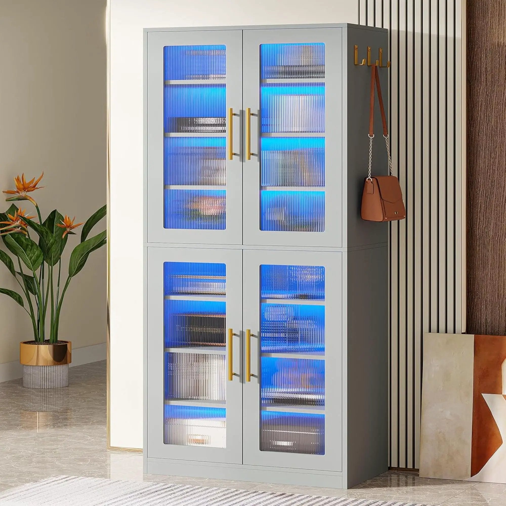 Bookcase With Doors And LED Lighting, 8 Adjustable Shelves Storage Cabinet