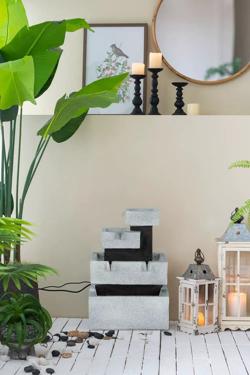 Decorative 4 Tier Block Fountain With Light, For Indoor And Outdoor - Black / Gray by Unique Piece Furniture