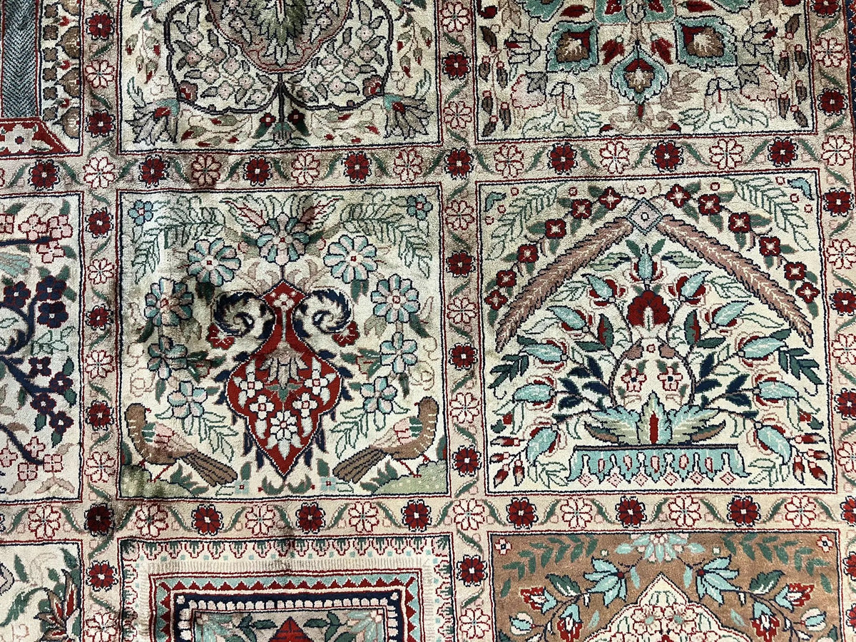 Silk Sino Persian Rug 9x12, Panel Design, Garden of Eden Pattern, Fine 200 KPSI, Hand Knotted Room Sized Silk Carpet, Vintage by Jewel Rugs