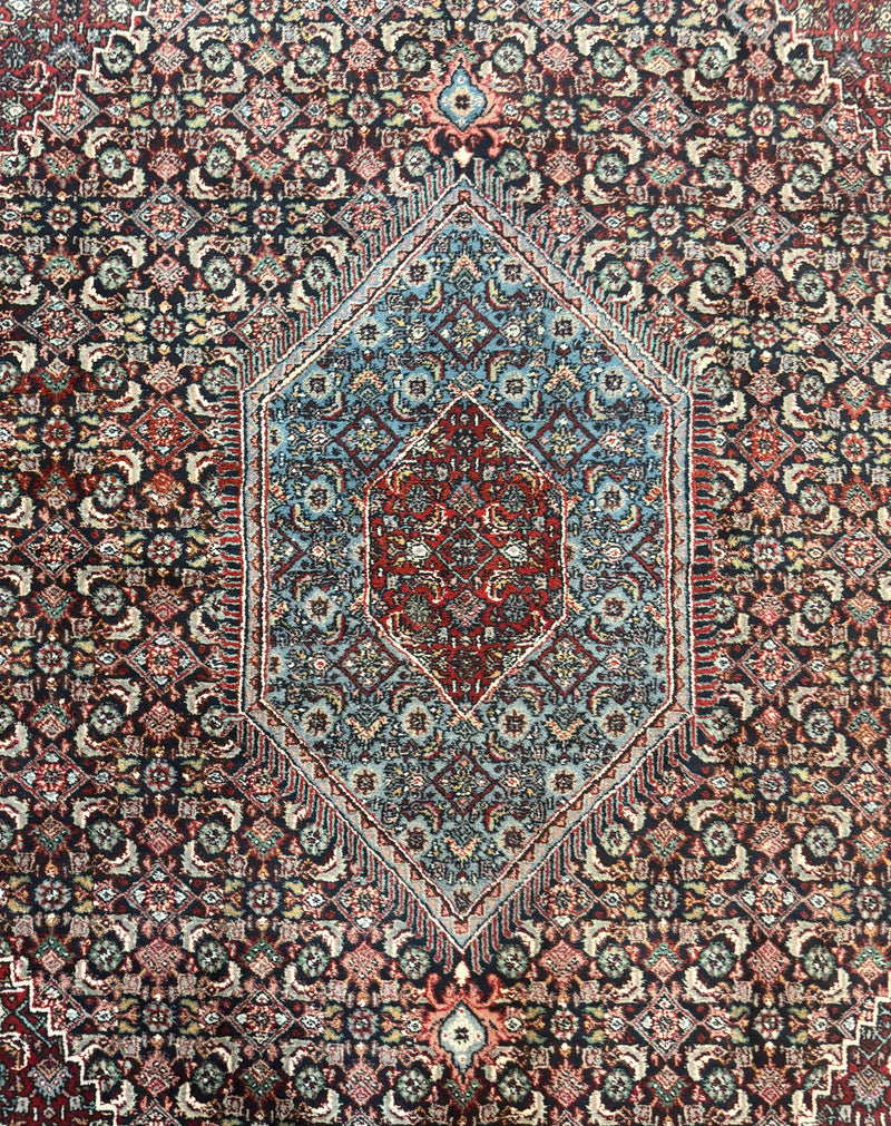 Indo Persian Bidjar Rug 8x11, Herati Mahi Pattern, Red Navy Blue, Handmade Vintage Wool Carpet by Jewel Rugs