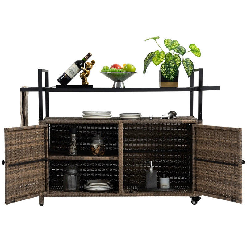 Outdoor Wicker Bar Cart with Glass Top and Wheels by HouseOfZazla