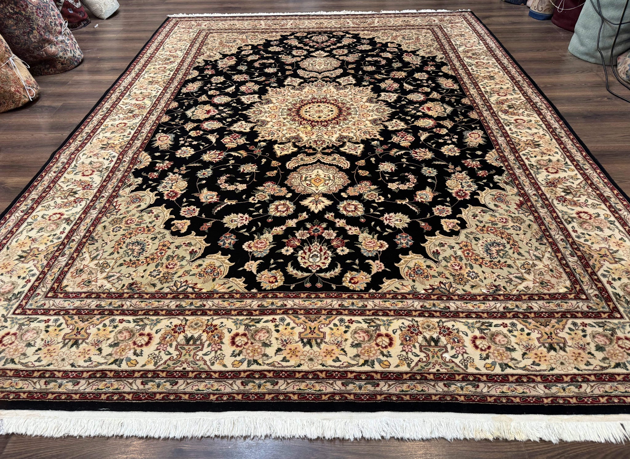 Sino Persian Rug 9x12, Black and Beige, Floral Medallion, Wool & Silk, Handmade by Jewel Rugs
