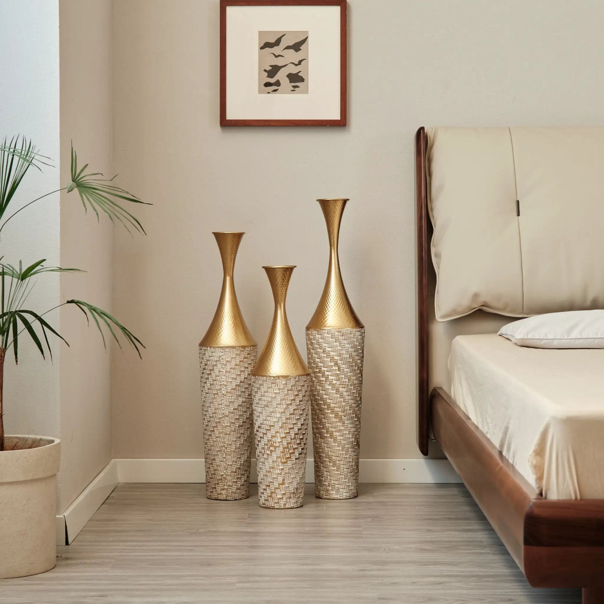Floor Metal Vase Modern Style Decoration Home Woven Pattern Metal Vase 3 Piece Set Gorgeous Home Decoration Large Glazed Metal Vase - Champagne by HouseOfZazla