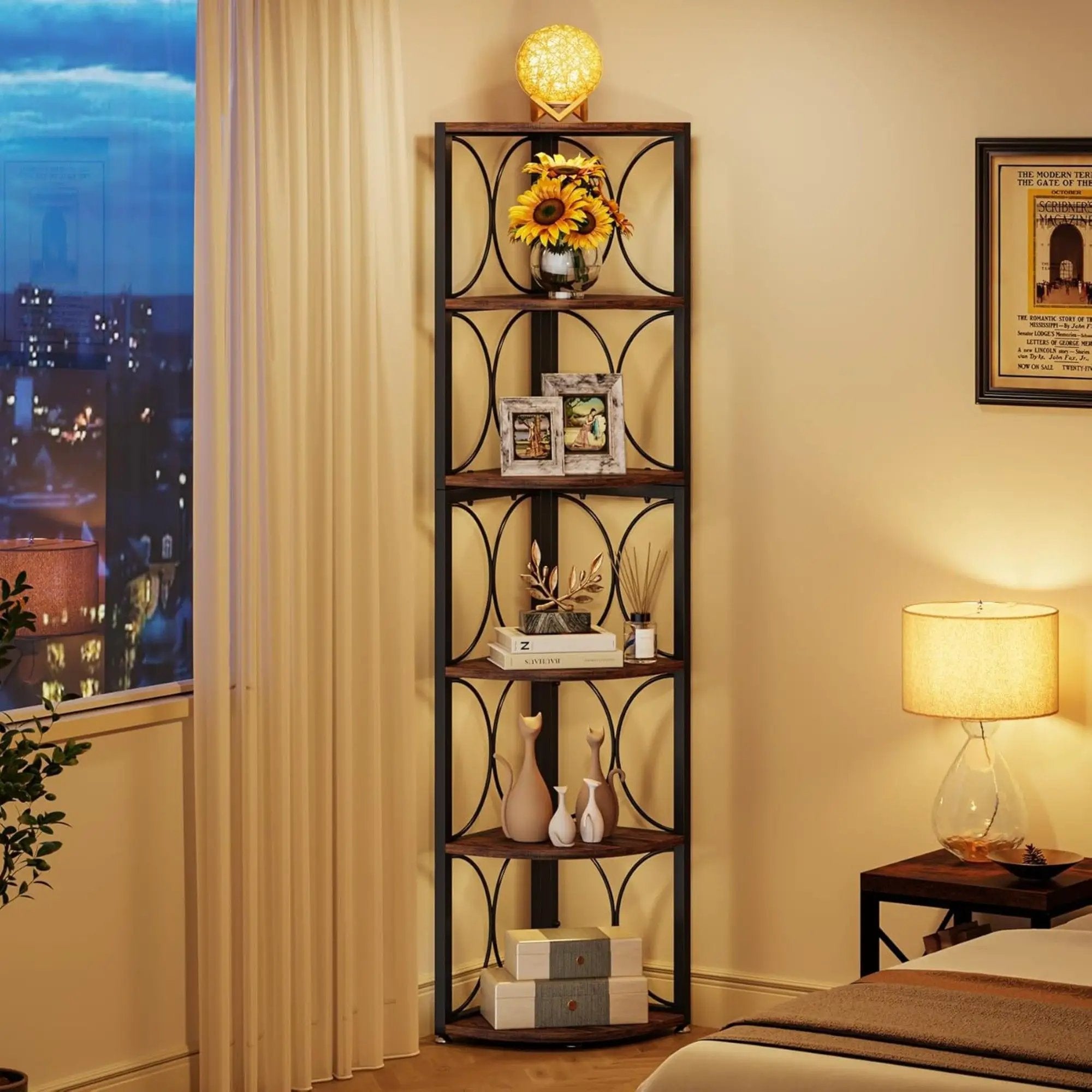 Tall 6 Tier Corner Bookshelf Storage Rack For Living Room - Rustic Brown by HouseOfZazla