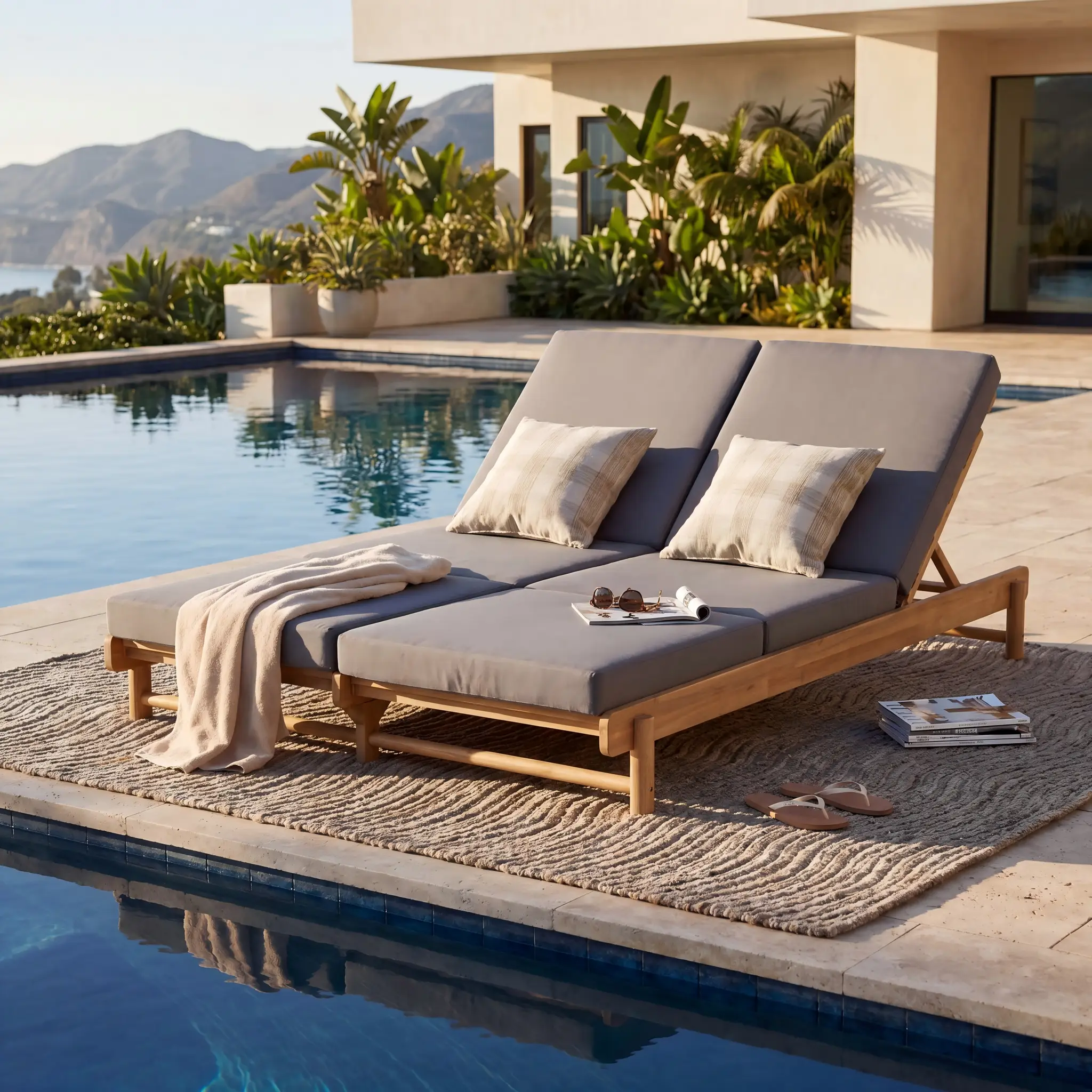 Light Teak Acacia Wood Double Chaise Lounger Set by HouseOfZazla