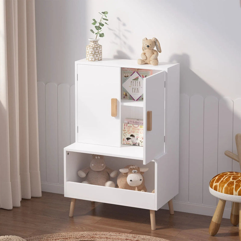 Toy Storage Cabinet With Doors And Open Shelf, Toddler Bookshelf For Playroom - White by Unique Piece Furniture