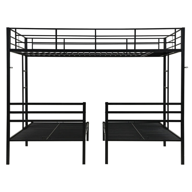 Modern Metal Triple Bunk Bed With Vertical Ladder, Safety Rail, And Storage Shelf - Black by HouseOfZazla