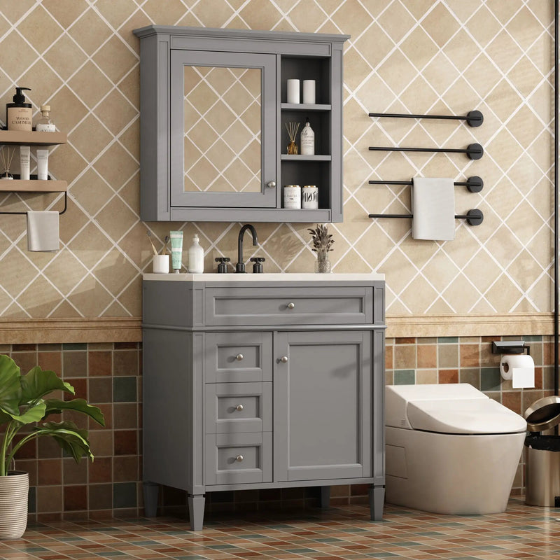 Bathroom Vanity With Medicine Cabinet, Royal Mirror Cabinet, Modern Bathroom Storage Cabinet With 2 Soft Closing Doors And 4 Drawers by HouseOfZazla