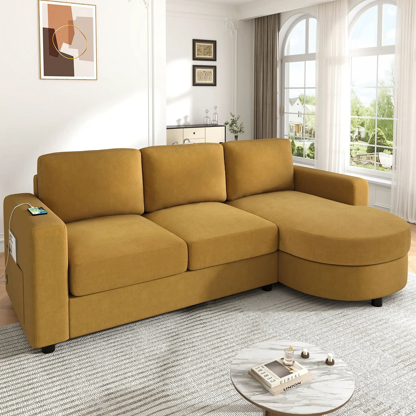Modern L-Shaped Sectional Sofa With Curved Chaise, USB Ports, And Side Storage Pockets by Unique Piece Furniture