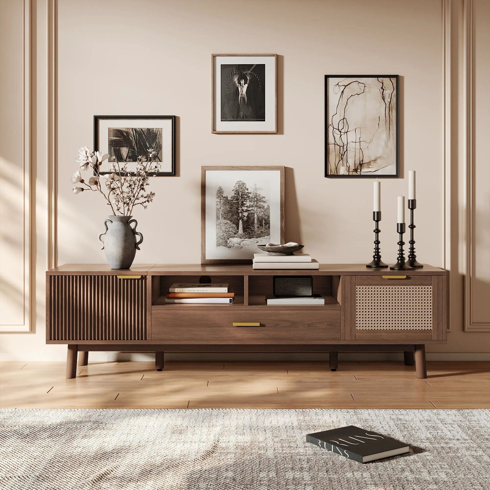 TV Stand For 75" TVs With Soft Closing Doors, Console With Accents And Drop Down Cabinet - Dark Brown by Unique Piece Furniture