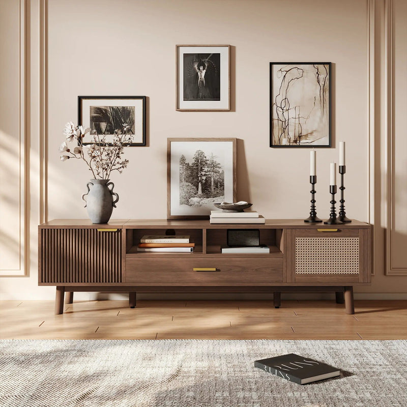 TV Stand For 75" TVs With Soft Closing Doors, Console With Accents And Drop Down Cabinet - Dark Brown by Unique Piece Furniture