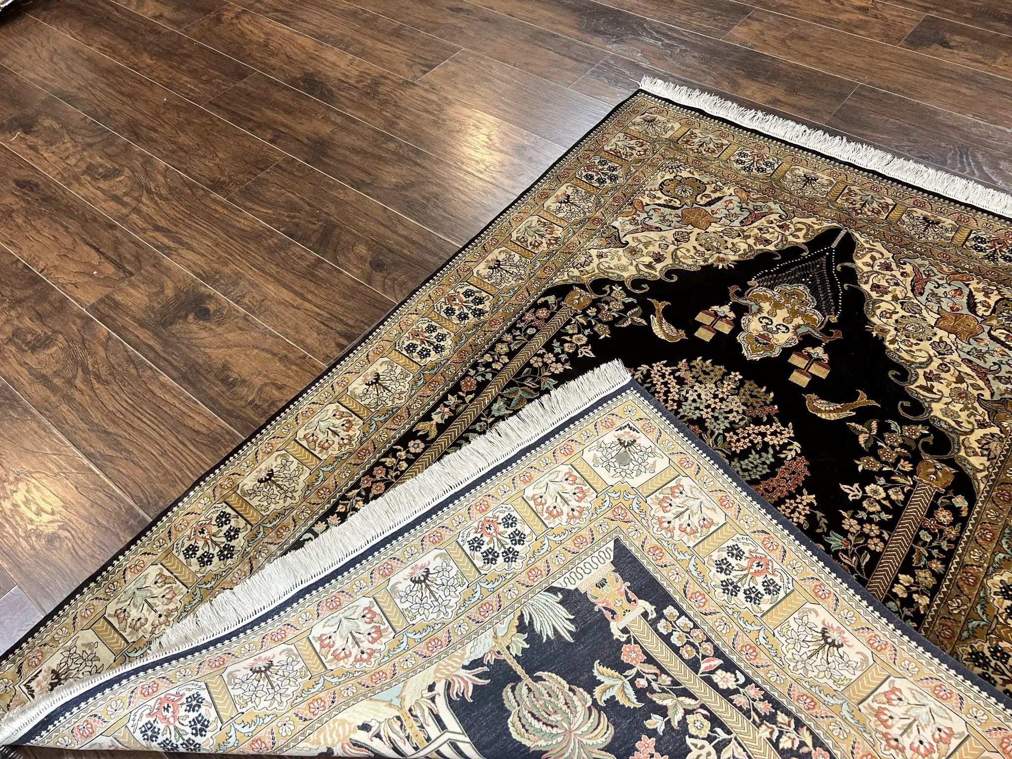 Wonderful Sino Persian Silk Rug 4x6, Tree of LIfe Design, Masterpiece 575 KPSI, Birds, Prayer Rug, Black, Silk on Silk by Jewel Rugs