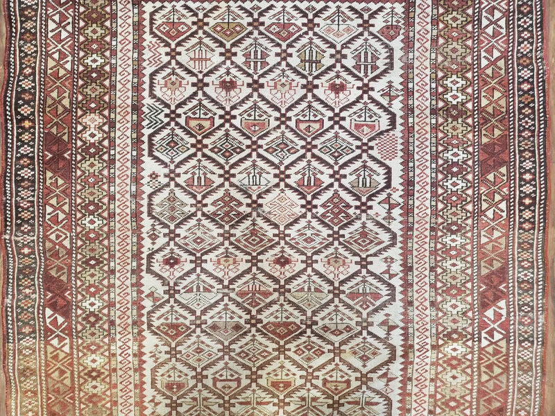 Antique Caucasian Shirvan Rug 4x6, Dagestan Area Rug, Wool Hand-Knotted Soft Red & Ivory 1920s Oriental Carpet, Soft Muted Colors by Jewel Rugs