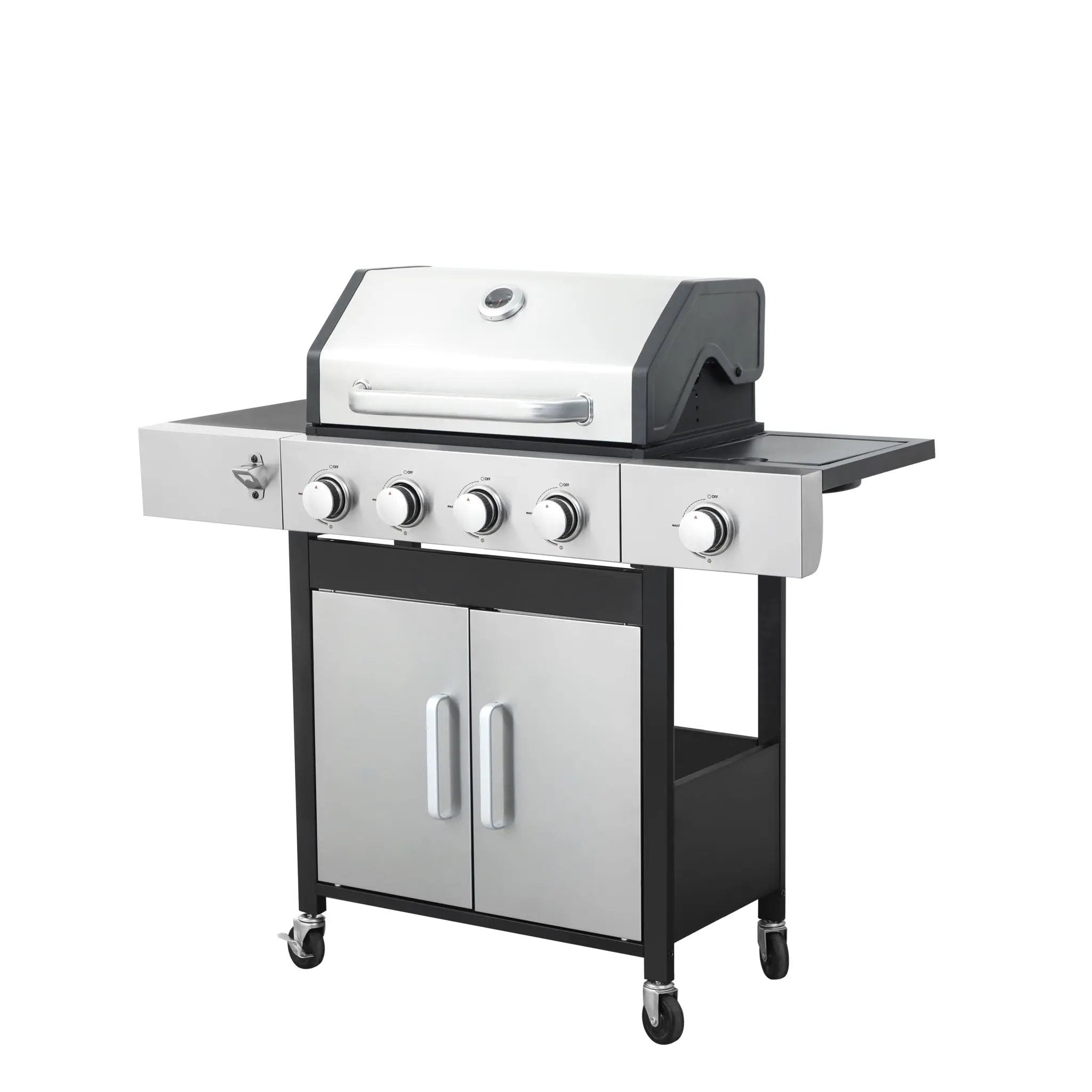 4 Burner Propane Gas Bbq Grill With Side Burner, 46790Btu Output With Enameed Cast Iron Cooking Grids For Outdoor Barbecue, Stainless Steel - Black / Silver by HouseOfZazla