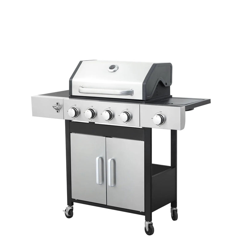 4 Burner Propane Gas Bbq Grill With Side Burner, 46790Btu Output With Enameed Cast Iron Cooking Grids For Outdoor Barbecue, Stainless Steel - Black / Silver by HouseOfZazla