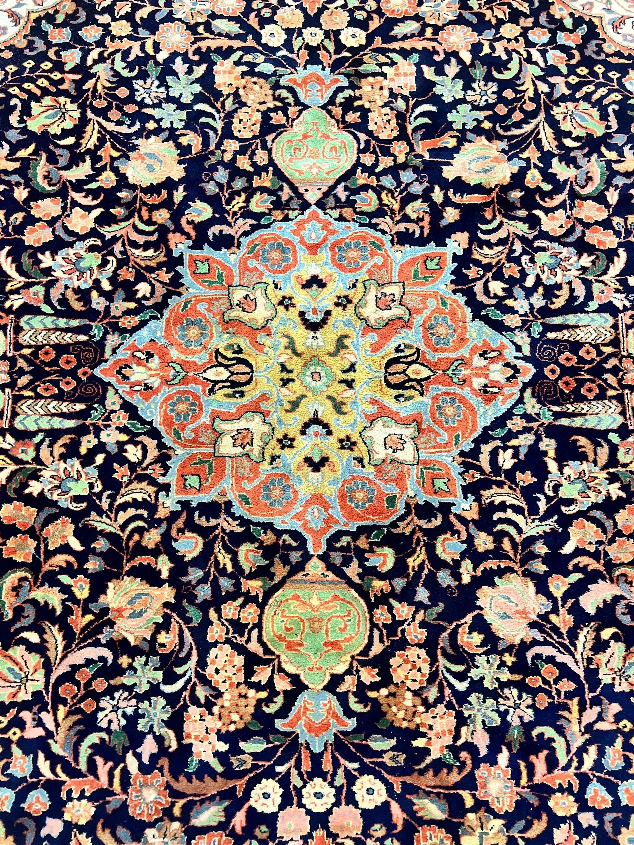 Indo Persian Rug 8x10, Midnight Blue & Red, Handmade Vintage Wool Carpet, Floral Medallion by Jewel Rugs