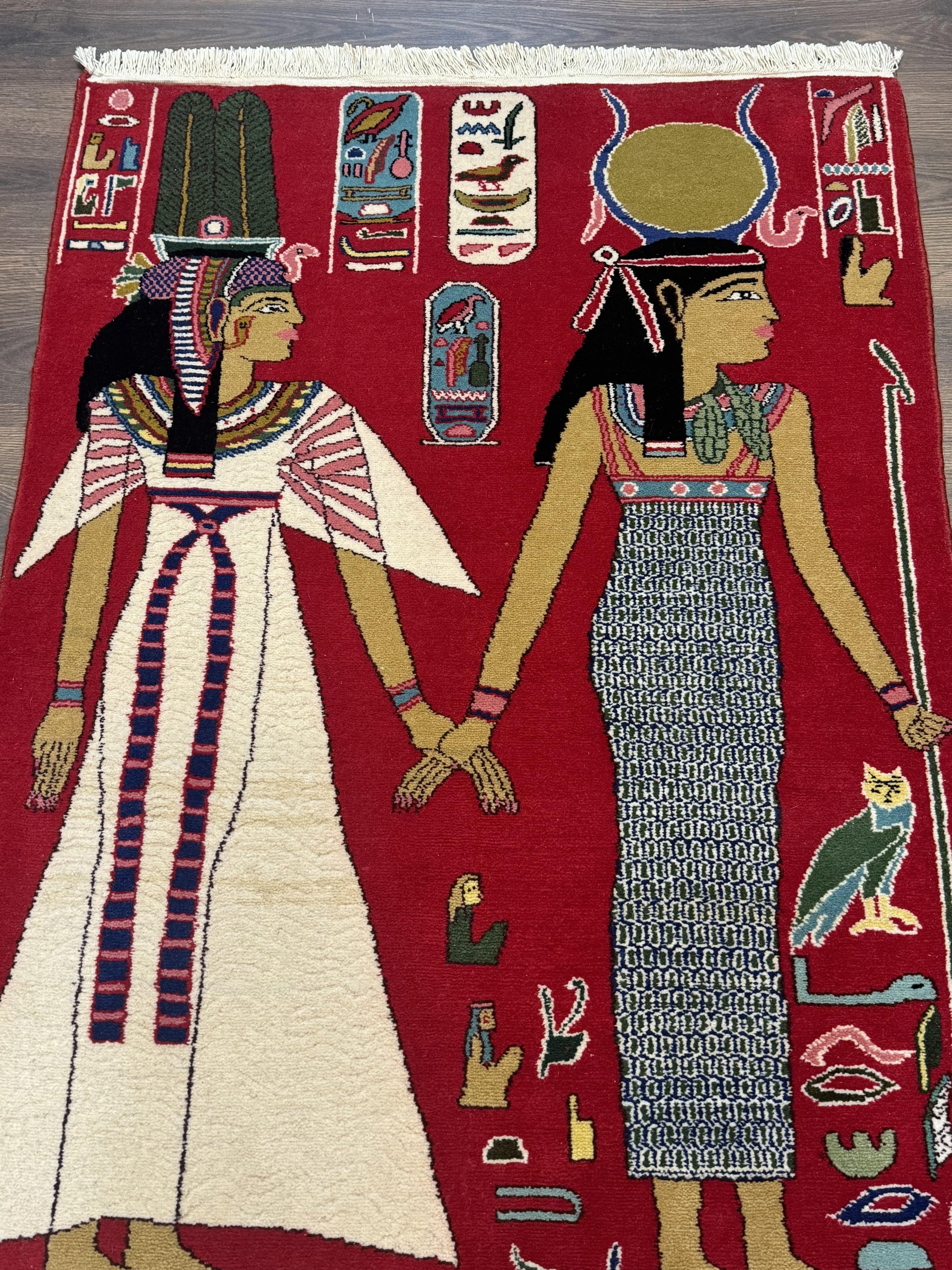 Egyptian Pictorial Rug 3x4, Hieroglyphic Pictorial Rug, Egyptian Prince and Princess, Cleopatra, Vintage Handmade, Red by Jewel Rugs
